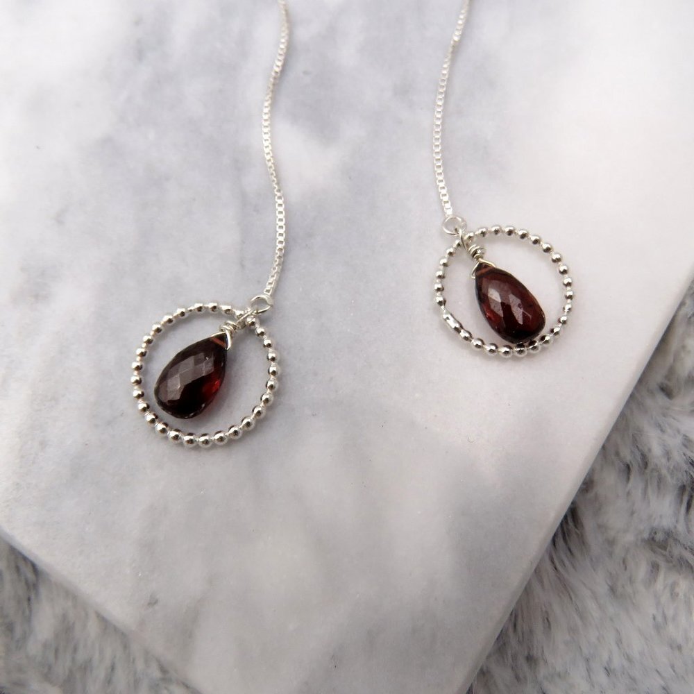 925 Sterling Silver Garnet Threader Earrings with Beaded Hoops